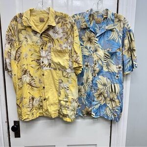 2 100% silk Hawaiian floral print short sleeve button down shirts‎ men's large
